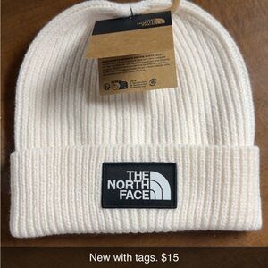 The North Face Cream Ribbed Cuff Beanie with Logo Patch